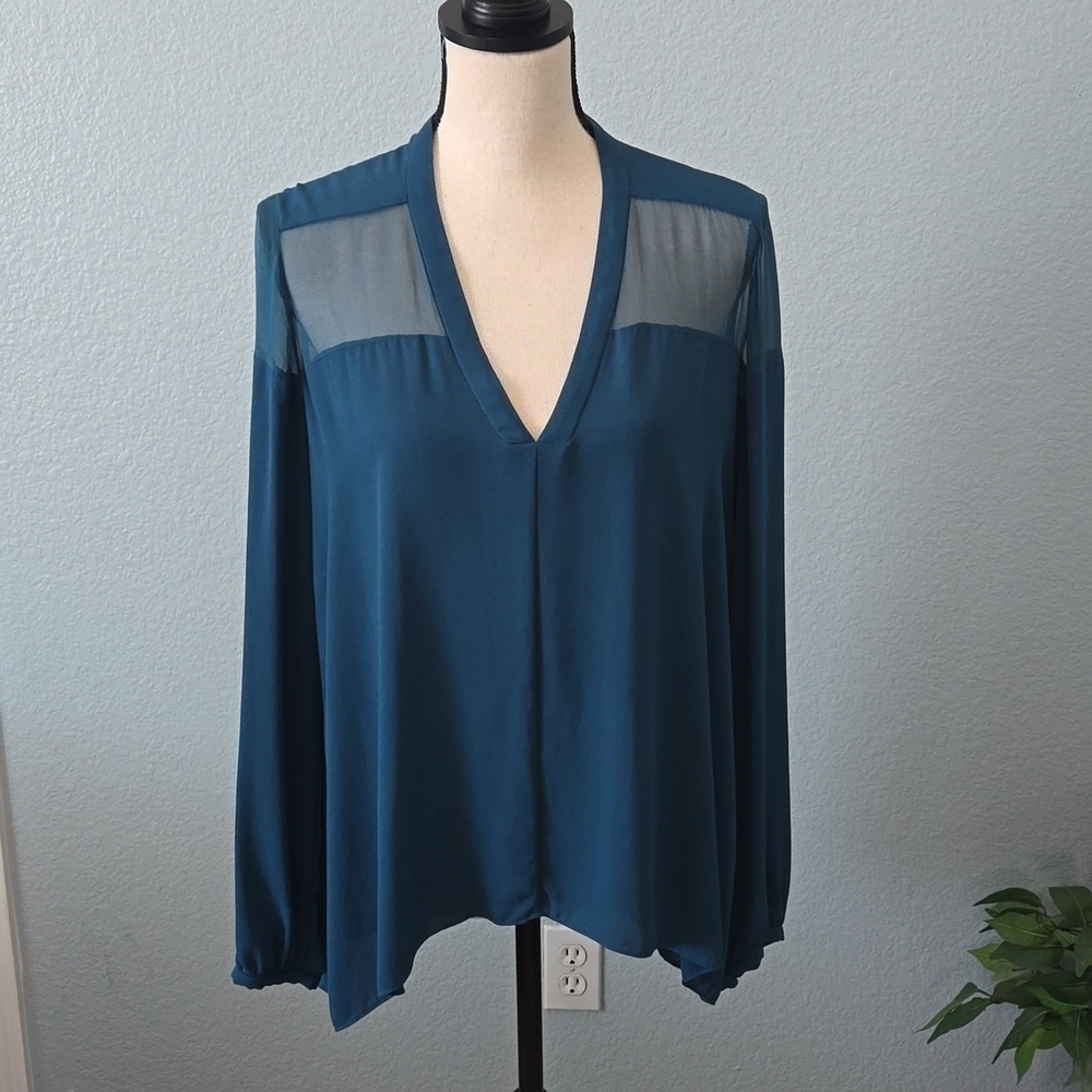 ELIZABETH & JAMES Women's long sleeve deep vneck blouse sz Medium sheer panel